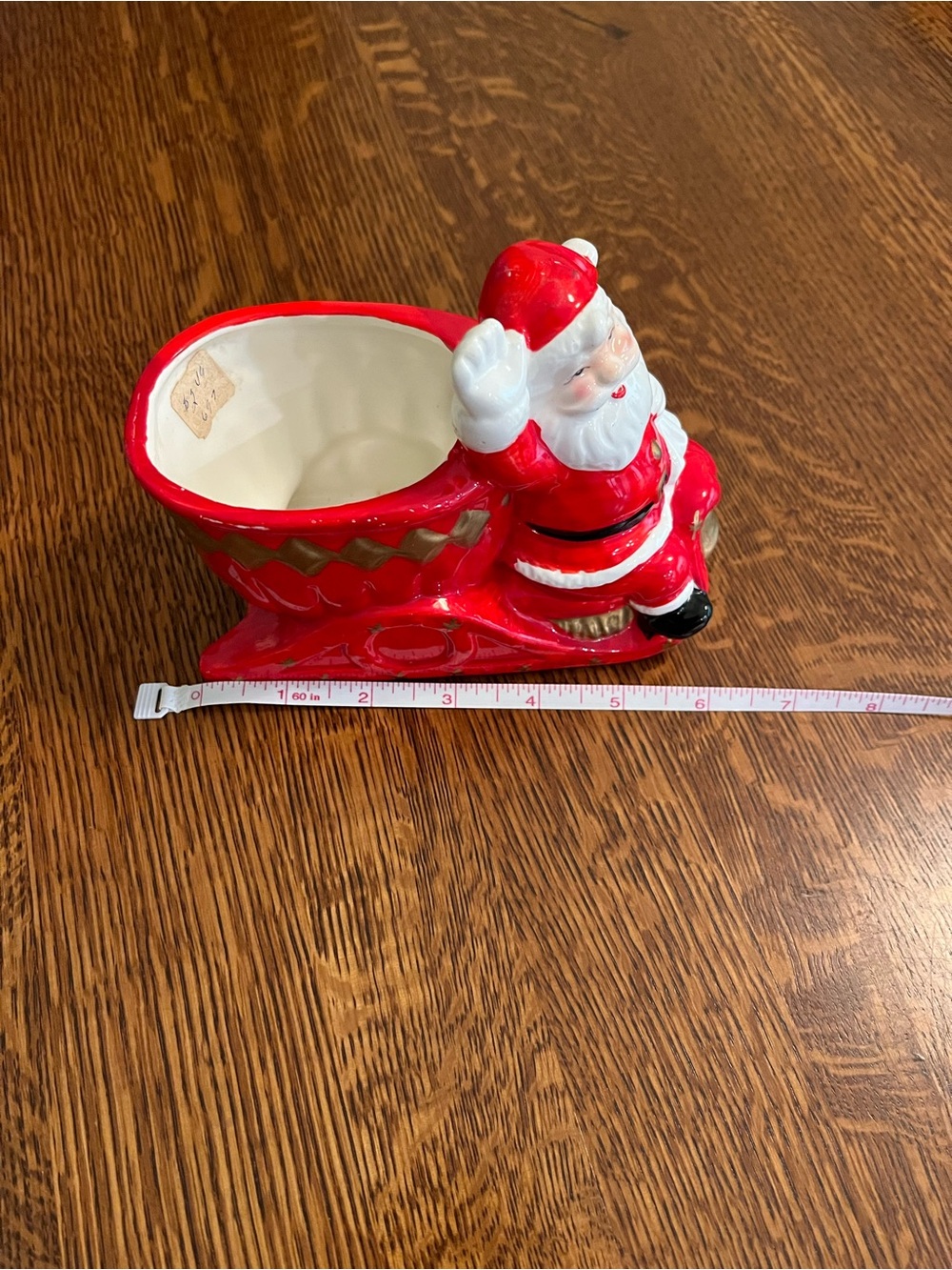 Vintage INARCO Japan Festive Red Ceramic Waving Santa Sleigh Planter